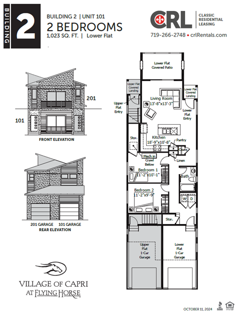 A floor plan for a 2 bedroom, 1,023 square foot lower flat is shown.